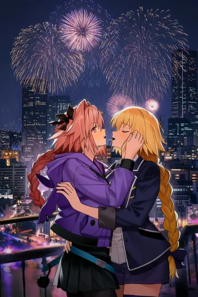 花火をバックにポッキーゲームした後に抱きしめてキスするアストルフォとジャンヌ