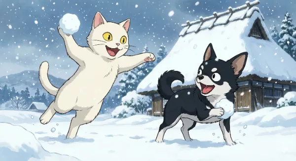 猫と犬の雪玉大冒険