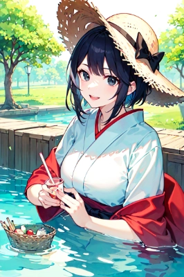 麦わら帽子をかぶって温泉に入るお姉さん