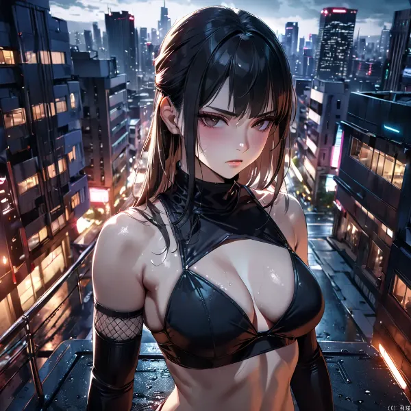 夜の街を見下ろす黒髪美女