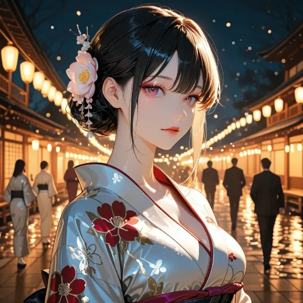 提灯の夜に咲く着物美女