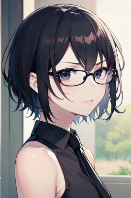黒髪、黒シャツ、黒ネクタイ