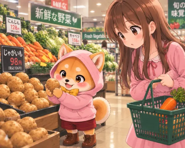 柴犬の魔法使い、野菜を見定める