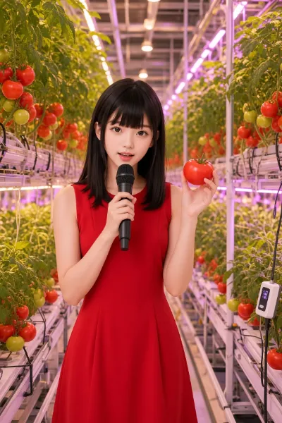 垂直農場でトマトを掲げる少女