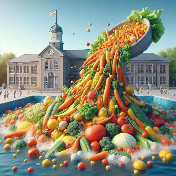 学校のプールに溢れる野菜