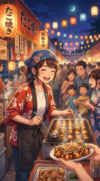 夏祭りの屋台で輝く少女の笑顔