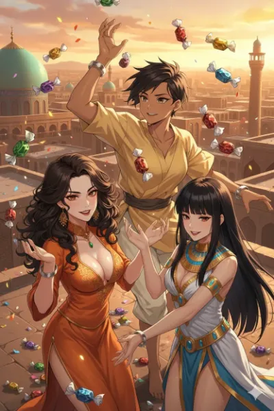 北海道式豆まきをする腕輪の3人娘