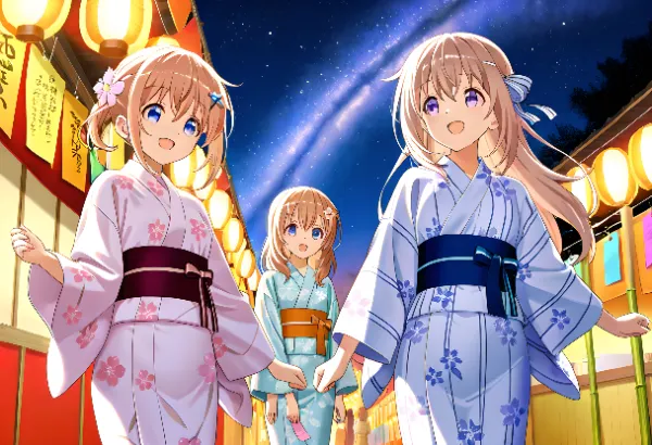 星空の下で浴衣の夏祭り散策