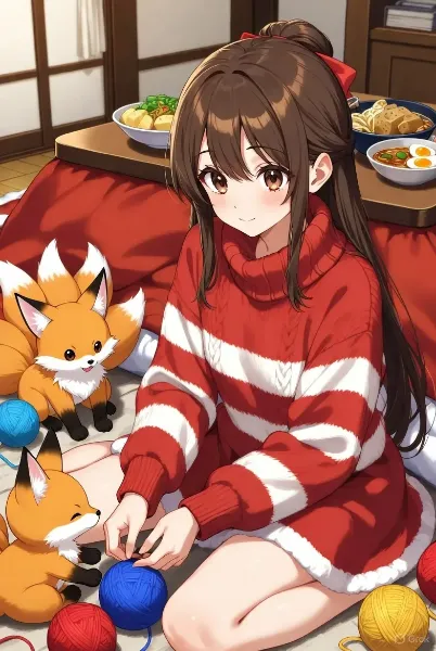 毛糸玉と戯れる少女としっぽがたくさんある狐たち