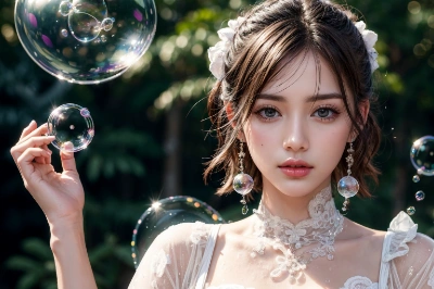 シャボン玉と戯れる美女