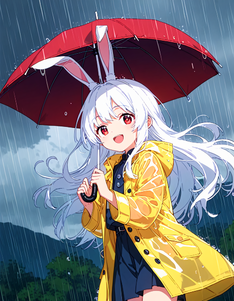 大雨で色んな傘で遊ぶ白うさちゃん♪