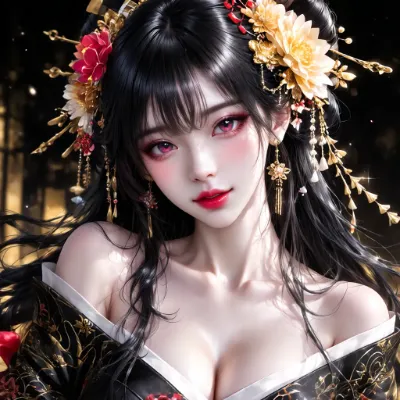 花と金に彩られた黒髪美女