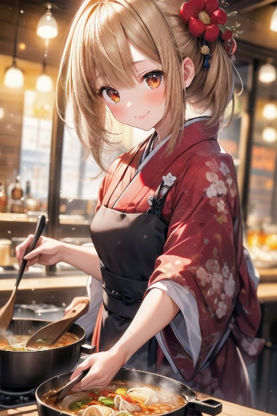 和装の彼女が作るおいしいラーメン