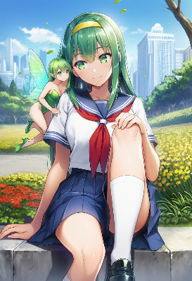 緑髪少女と妖精の公園散策