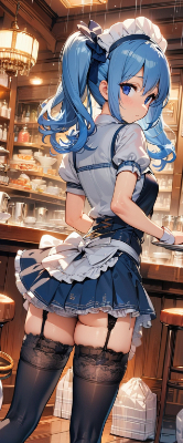 黒ストッキングの青髪ウエイトレスさん