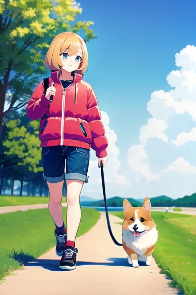 コーギーと散歩