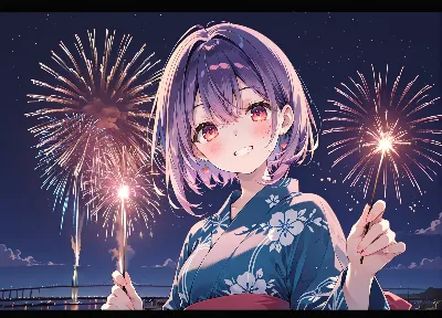 花火に照らされる浴衣の少女