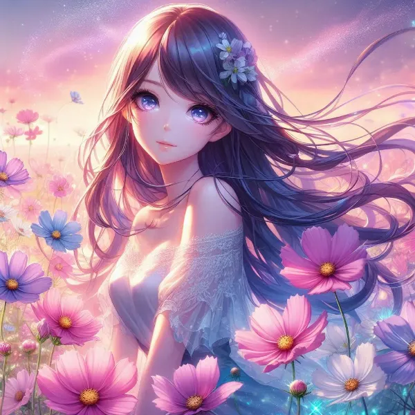 夕暮れの花畑で紡ぐ少女の夢