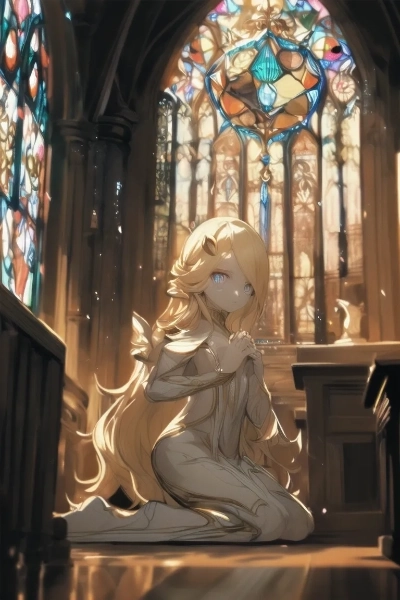 教会で祈りを捧げる金色の髪の少女