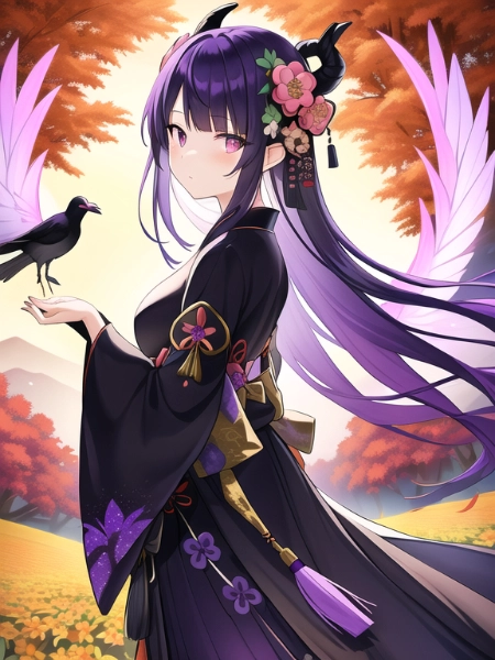 秋の山に潜む紫の角娘の美女