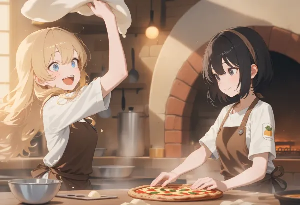 黒髪＆ブロンド・ピザ屋さんでピザを作った