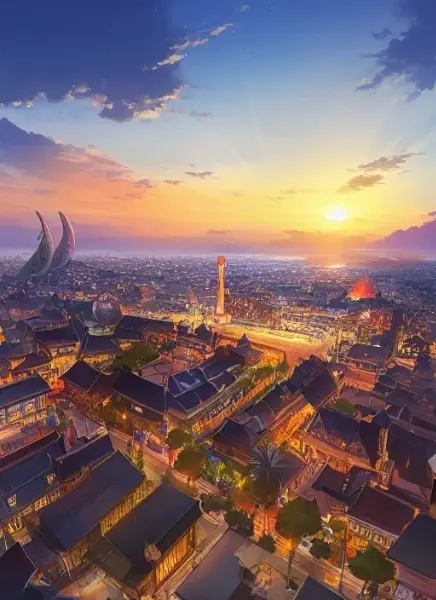 夕焼けに照らされる巨大バナナのある街