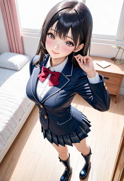 自室で制服を着てみる女の子