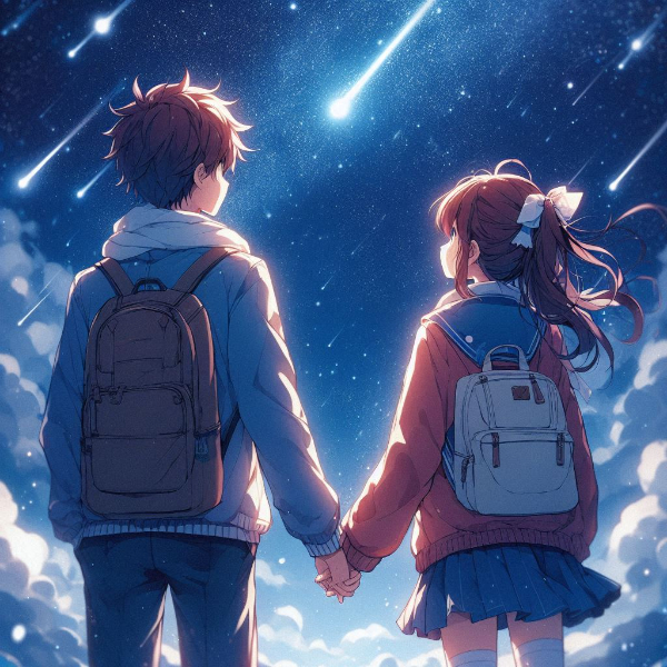 手を繋いで流れ星を見ている男女