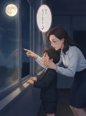 夜の教室で女先生と一緒にお月見をする少年