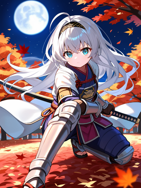 「月夜に舞う紅葉と剣」