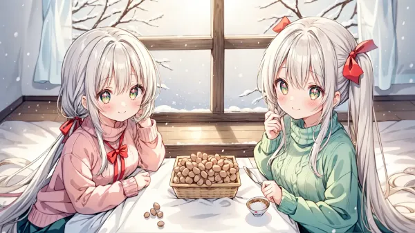 雪の窓辺で栗を分け合う姉妹