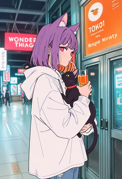 猫耳少女と黒猫の街角休憩