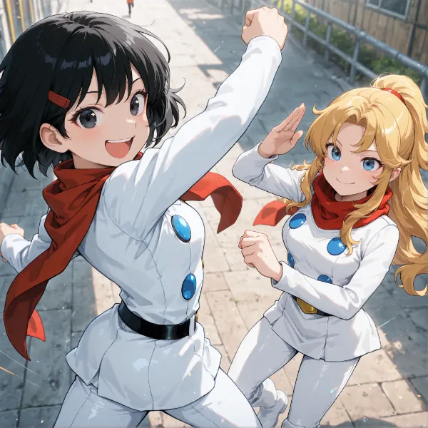 黒髪＆ブロンド・赤いマフラーなびかせて