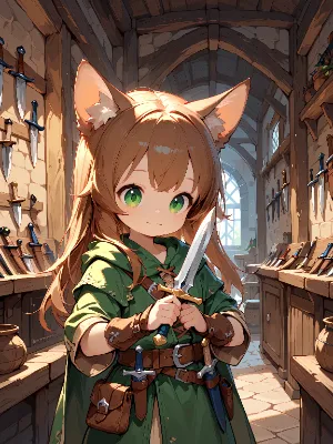 武器屋で剣を握るケモミミ少女