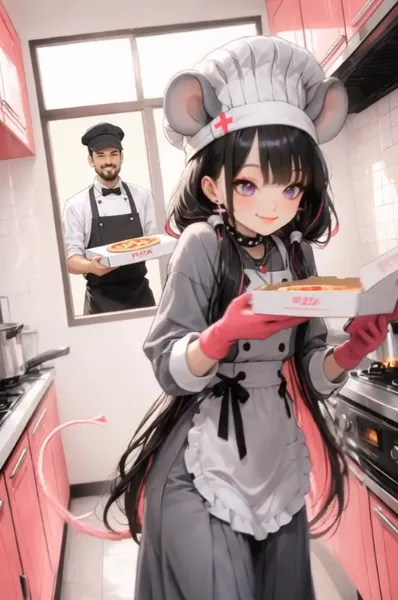 灰鼠シェフの着ぐるみでピザ食べる動画