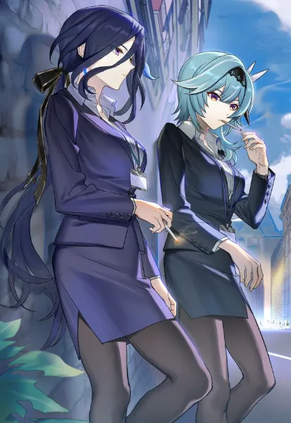 壁に寄り掛かって一服するエウルアとクロリンデ🚬