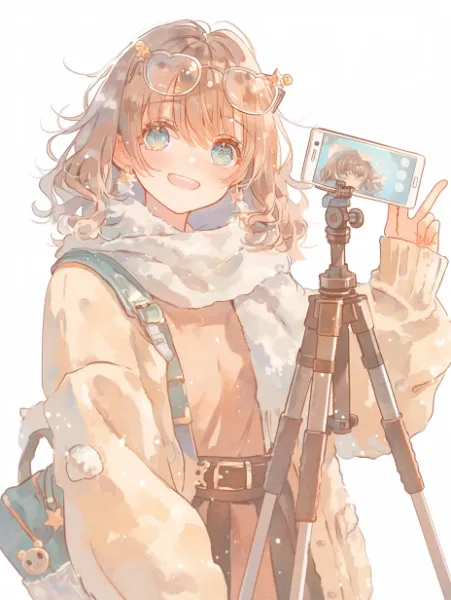 雪舞う街角のセルフィー冒険。