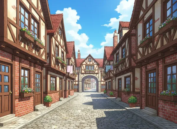 AIの餌を手描きした上で生成した画像　木組みと煉瓦の町