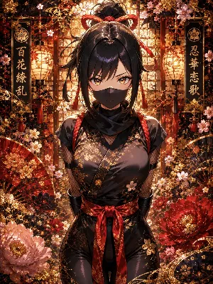 紅花に包まれる女忍者