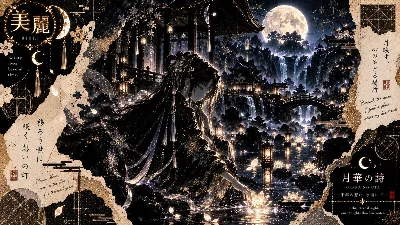 月華の池に手を伸ばす黒衣の麗人