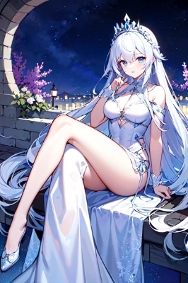 sanctualy, blue eyes, long silver hair, white long dress, goddes, night, cool beauty, tiara,