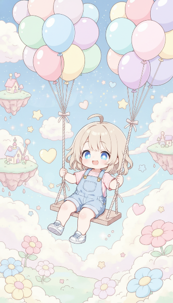 風船ブランコに乗る女の子