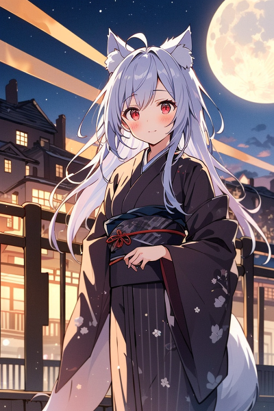 お月見をする狼耳のお姉様