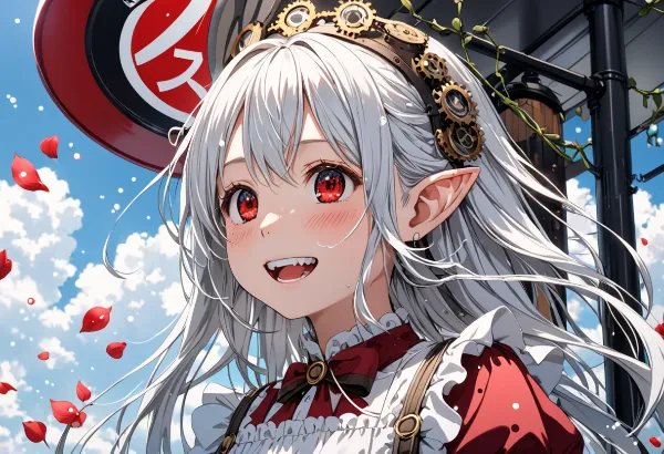 舞い散る花びらと歯車冠の少女