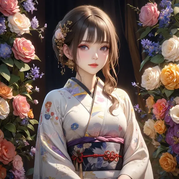 花咲く庭の着物少女