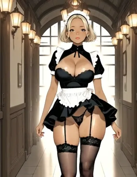 廊下を歩く黒ギャルメイド