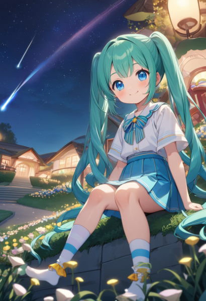 夜のお花畑と流星の少女