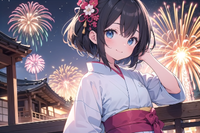 黒髪　着物　花火