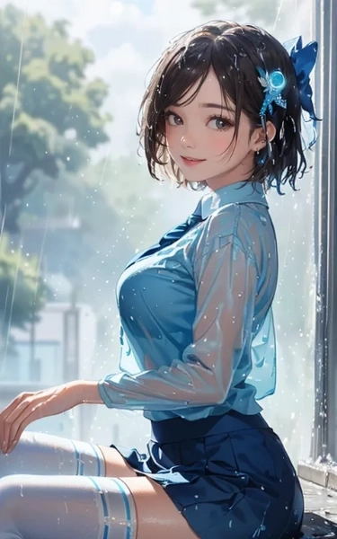 デルフトブルーと楽しそうに雨に濡れる女子高生