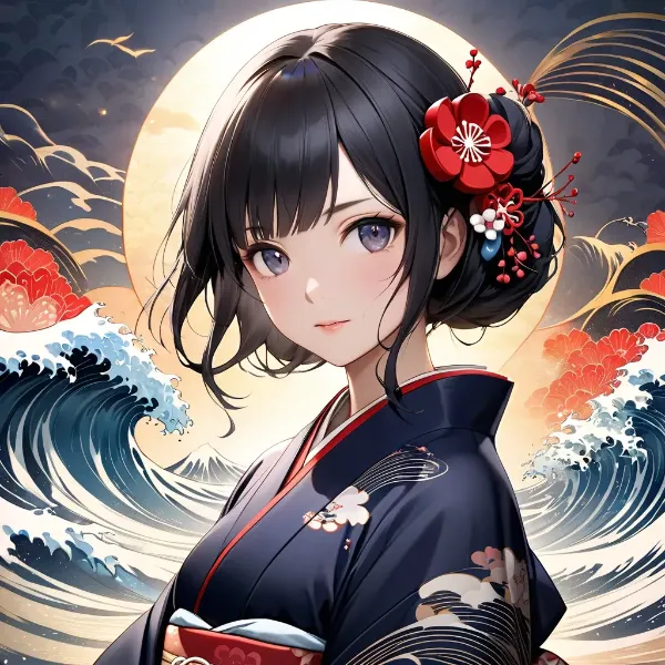 月下の着物少女